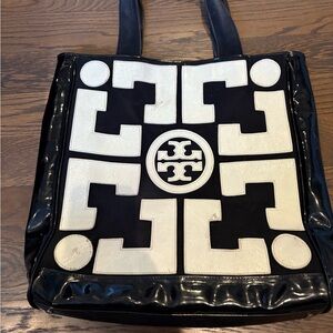 Tory Burch RARE Black & White Canvas Patent Leather Logo Tote Bag